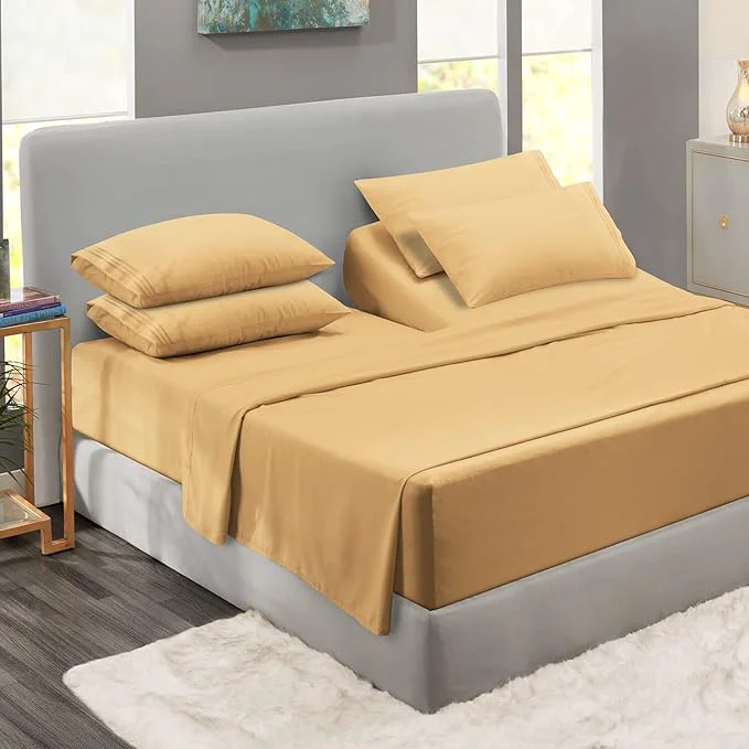 Next-Generation Clara Clark Flex Top King Sheets 6 Piece Set - Hotel Luxury Sheets for Top Split King Bed Super Soft Bedding Set Head Split King Camel Gold Unique