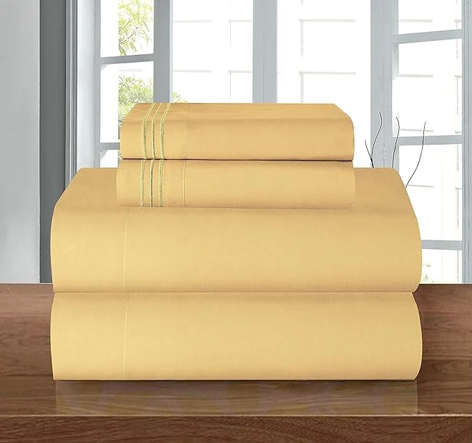 Enhanced Elegant Comfort Luxury Soft 1500 Premier 4-Piece Premium Hotel Quality Wrinkle Resistant Coziest Bedding Set All Around Elastic Fitted Sheet Deep Pocket up to 16inch Queen Camel Gold Contemporary