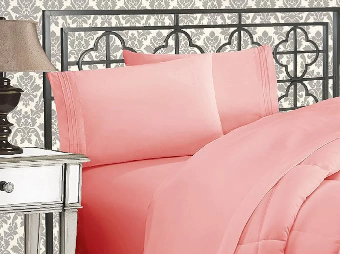 Recyclable Elegant Comfort Luxurious 1500 Premium Hotel Quality Microfiber Three Line Embroidered Softest 4-Piece Bed Sheet Set Wrinkle and Fade Resistant California King Dusty Rose Enhanced