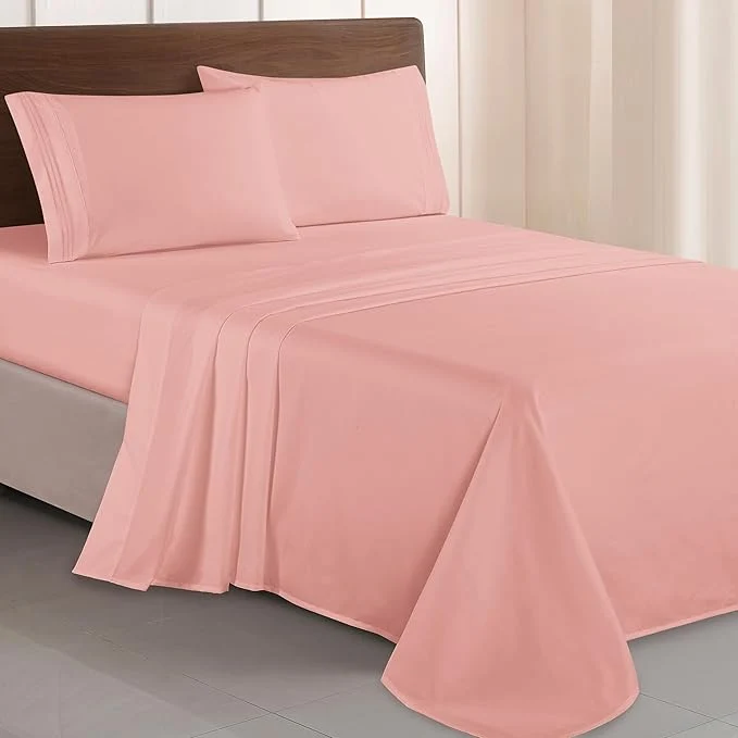 Crafted Elegant Comfort Luxurious 1500 Premium Hotel Quality Microfiber Three Line Embroidered Softest 4-Piece Bed Sheet Set Wrinkle and Fade Resistant Full Dusty Rose Classic