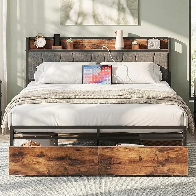 High-End LIKIMIO Queen Bed Frame Storage Headboard with Charging Station Platform Bed with Drawers No Box Spring Needed Easy Assembly Vintage Brown and Gray Eco-Friendly