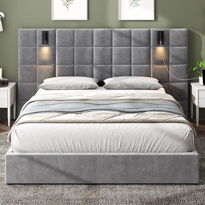 Outstanding Merax Upholstered Queen Bed with Reading Lamp and USB Port Wide Velvet Headboard Without Bedside Tables and Mattress Grey High-Quality