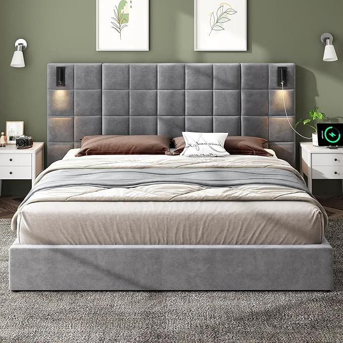 Clean Merax Upholstered King Bed with Reading Lamp and USB Port Wide Velvet Headboard Without Bedside Tables and Mattress Grey Relaxed