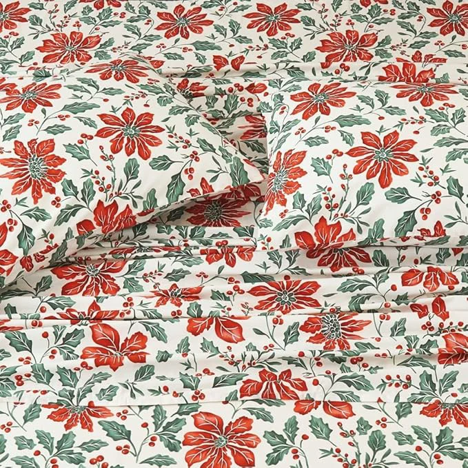 Exceptional DAUAOTO Cotton Holiday Sheets Set Twin Size Printed Bedding Sets Up to 14 quot Deep Mattress Bedlinen Set Christmas Flower Pattern Recyclable