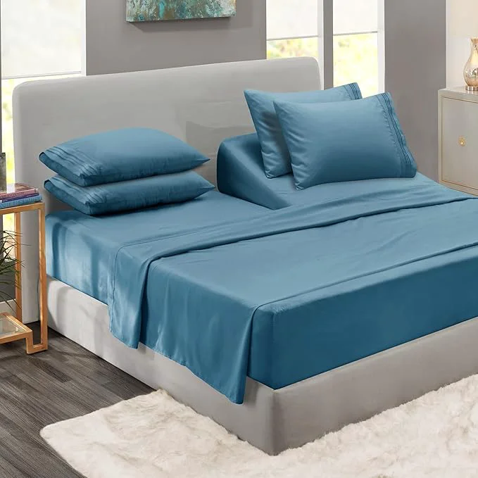Reliable Clara Clark Flex Top King Sheets 6 Piece Set - Hotel Luxury Sheets for Top Split King Bed Super Soft Bedding Set Head Split King Blue Heaven Detailed