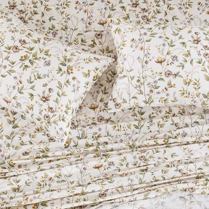 Organic DAUAOTO California King Cotton Sheets Set Printed Bedding Sets Farmhouse Pattern Bedlinen for Cal King Mattress Up to 14 quot Deep Botanic Green Refined