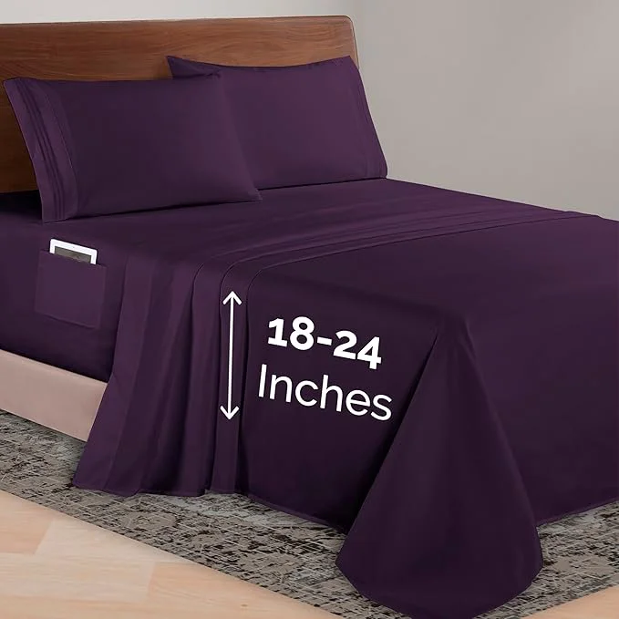Carefully Designed Elegant Comfort Luxurious 1500 Premium Hotel Quality Microfiber 4-Piece Sheet Set 18-24 Inches Deep - Extra Deep Pocket Sheets - Ultra Soft 4PC Deep Pocket Sheets California King Eggplant-Purple Expertly Made
