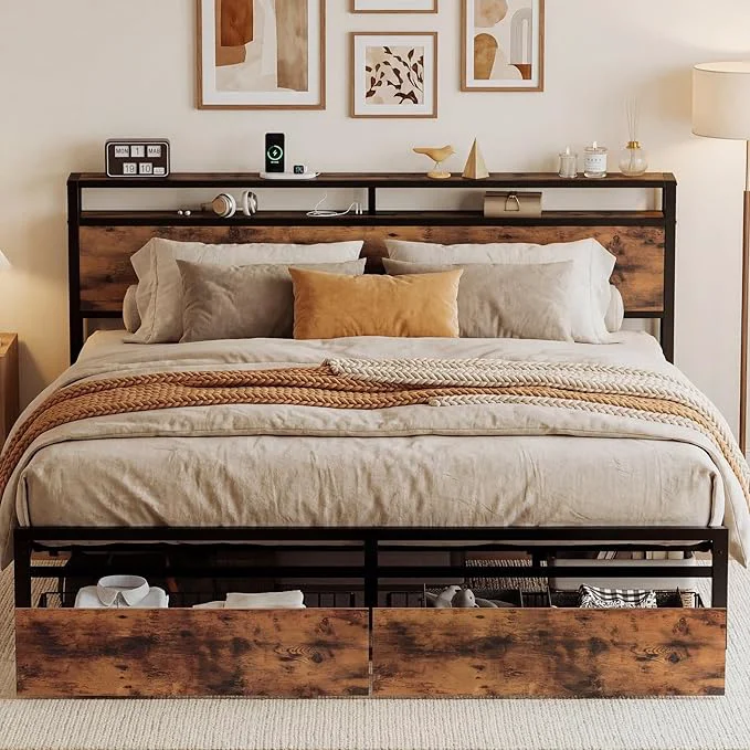 Official LIKIMIO King Size Bed Frame with Storage Headboard Platform King Bed with 2 Drawers and Charging Station Heavy-Duty Metal Slats No Box Spring Needed Easy Assembly Retro Brown Recyclable
