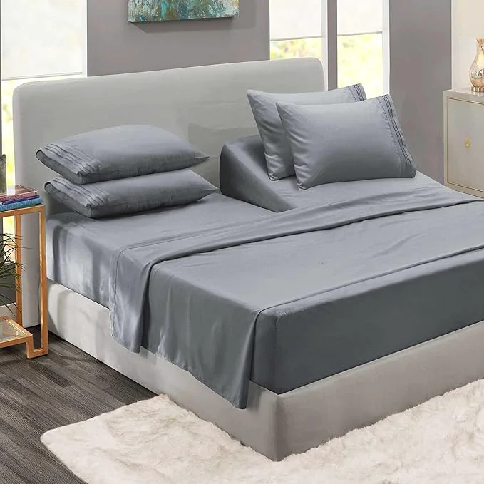 Authentic Clara Clark Flex Top King Sheets - Hotel Luxury 6 Piece Bed Sheets for Top Split King Bed - Soft Bedding Sheets amp Pillowcases Head Split King Size. Medium Grey