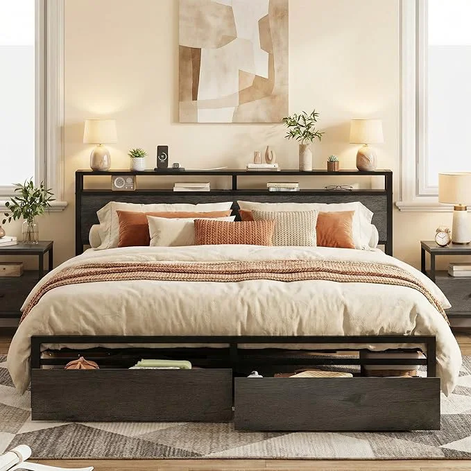 Eco-Friendly LIKIMIO King Bed Frame with Storage Headboard Platform Bed with Drawers and Charging Station No Box Spring Needed Easy Assembly Charcoal Grey Reusable