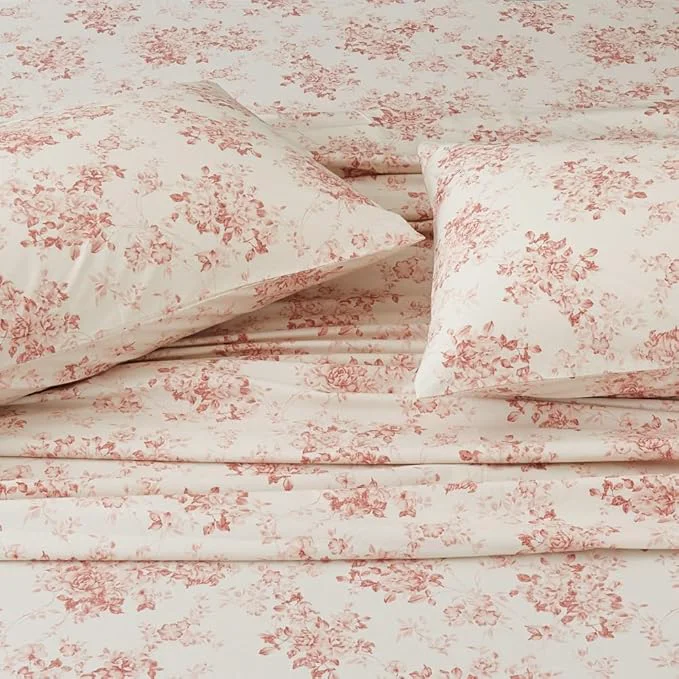 High-Performance DAUAOTO Cotton Bedding Printed Sheets Set for King Size Bed Up to 14 quot Deep Mattress Toile Rose Floral Pattern Bedlinen Sets Pale Red Traditional