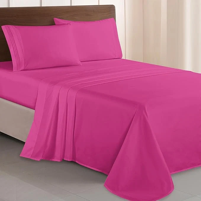 Fast Elegant Comfort Luxurious 1500 Premium Hotel Quality Microfiber Three Line Embroidered Softest 4-Piece Bed Sheet Set Wrinkle and Fade Resistant King Hot Pink Prestigious
