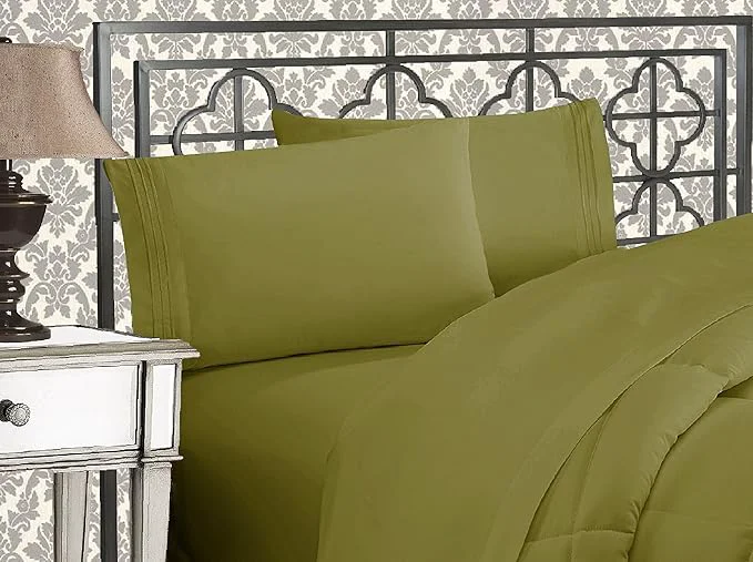 Dependable Elegant Comfort Luxurious 1500 Premium Hotel Quality Microfiber Three Line Embroidered Softest 4-Piece Bed Sheet Set Wrinkle and Fade Resistant California King Sage-Green Fast