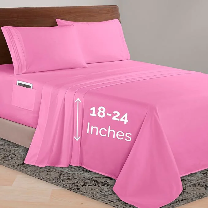 Sustainable Elegant Comfort Luxurious 1500 Premium Hotel Quality Microfiber 4-Piece Sheet Set 18-24 Inches Deep - Extra Deep Pocket Sheets - Ultra Soft 4PC Deep Pocket Sheets King Light Pink