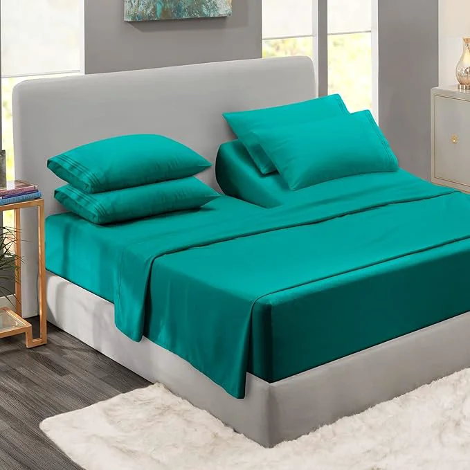 Sophisticated Clara Clark Flex Top King Sheets 6 Piece Set - Hotel Luxury Sheets for Top Split King Bed Super Soft Bedding Set Head Split King Teal Certified