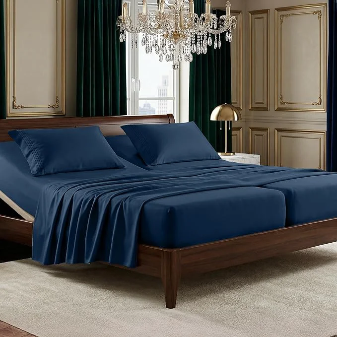 Convenient Elegant Comfort Luxurious 1500 Premium Hotel Quality Microfiber Three Line Embroidered Softest 5-Piece Bed Sheet Set Wrinkle and Fade Resistant Split King Navy Blue Fashionable