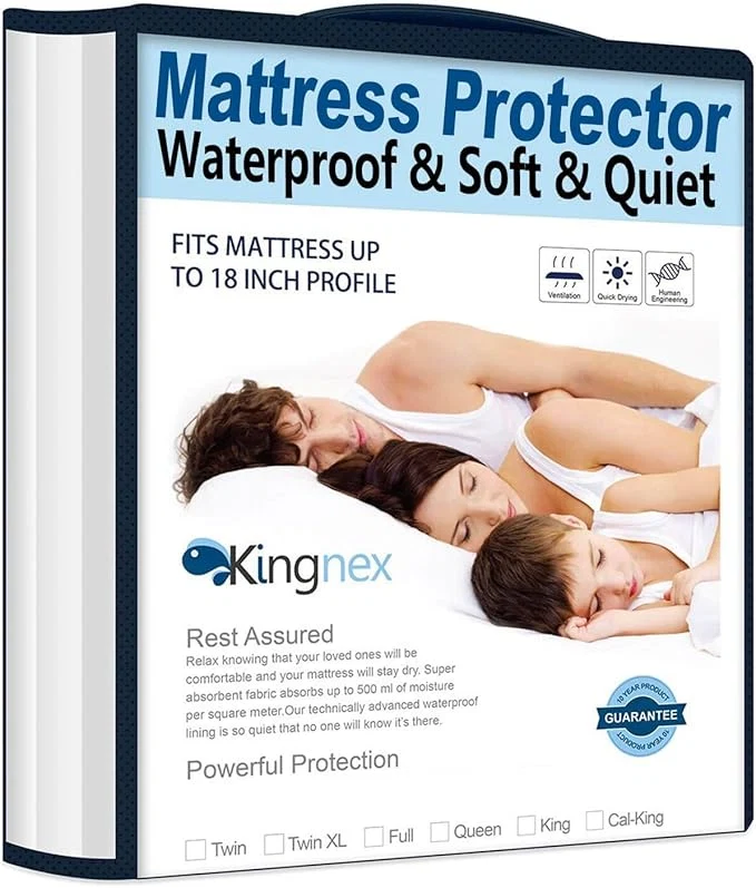 Natural Kingnex Full Size Mattress Protector Waterproof Jersey Ultra Soft Noiseless Smooth Top Fitted Matressprotector Cover with Stretchy Pocket