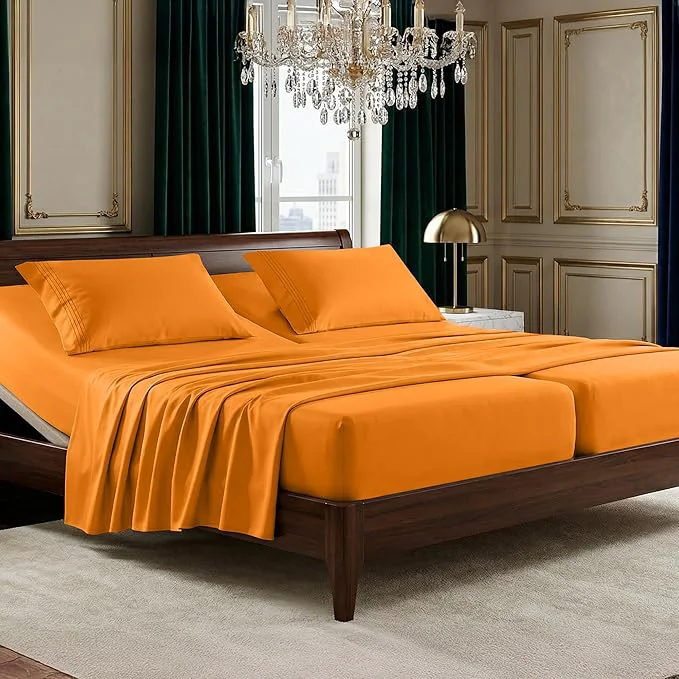 Sophisticated Elegant Comfort Luxurious 1500 Premium Hotel Quality Microfiber Three Line Embroidered Softest 5-Piece Bed Sheet Set Wrinkle and Fade Resistant Split King Orange Durable