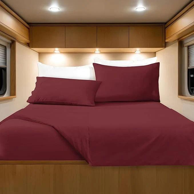 Fashionable Elegant Comfort Luxurious 1500 Premium Hotel Quality Microfiber Three Line Embroidered Softest 4-Piece Bed Sheet Set Wrinkle and Fade Resistant RV Short Queen Burgundy Breathable