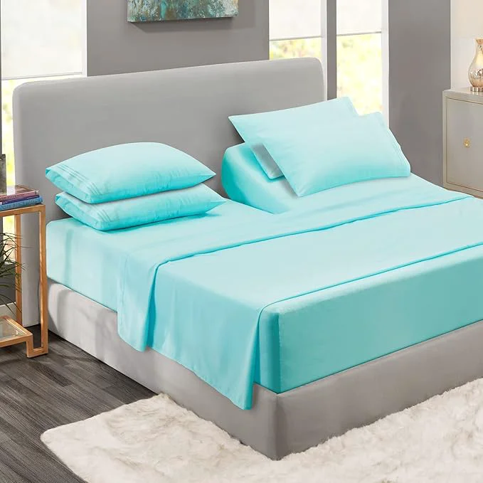 Reliable Clara Clark Flex Top King Sheets 6 Piece Set - Hotel Luxury Sheets for Top Split King Bed Super Soft Bedding Set Head Split King Aqua Light Blue High-Grade