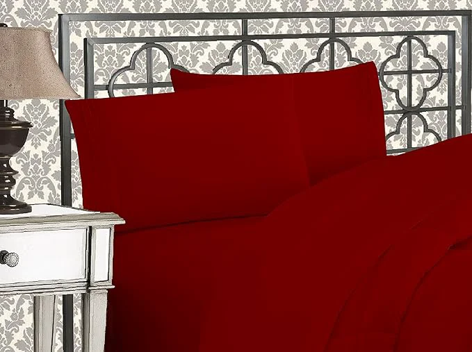Elegant Comfort Luxurious 1500 Premium Hotel Quality Microfiber Three Line Embroidered Softest 4-Piece Bed Sheet Set Wrinkle and Fade Resistant California King Burgundy Flexible