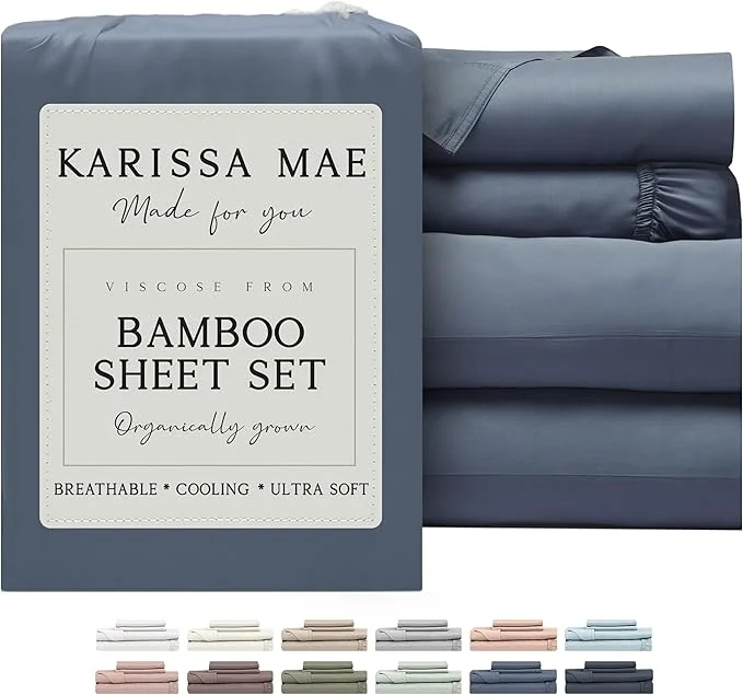 Elite KARISSA MAE Cooling Bamboo Viscose Cal King Sheet Set FSC 18 Deep Pocket Silky Soft amp Hypoallergenic with Organizer Band amp Elastic Corner Straps Slate Blue Minimalist