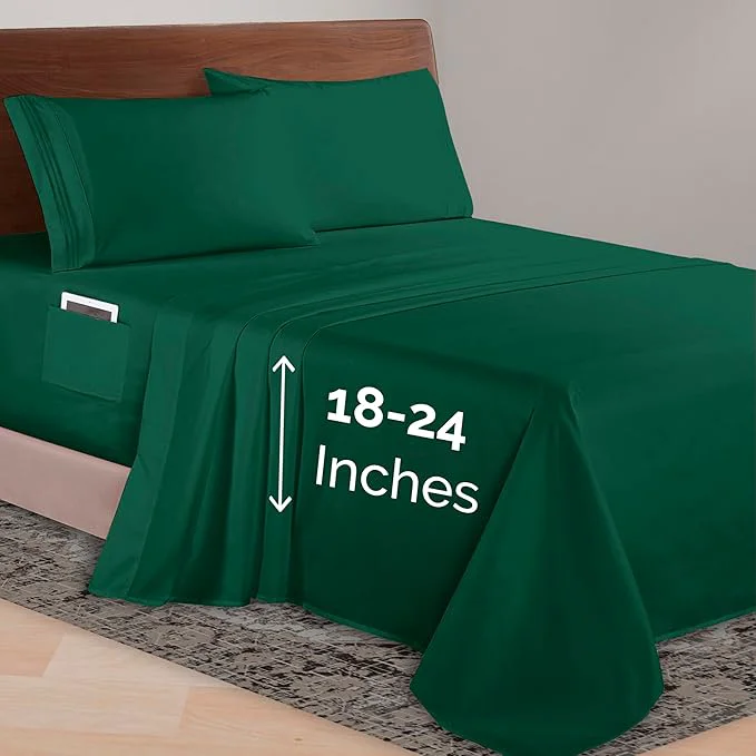 Comfortable Elegant Comfort Luxurious 1500 Premium Hotel Quality Microfiber 4-Piece Sheet Set 18-24 Inches Deep - Extra Deep Pocket Sheets - Ultra Soft 4PC Deep Pocket Sheets California King Hunter Green Breathable