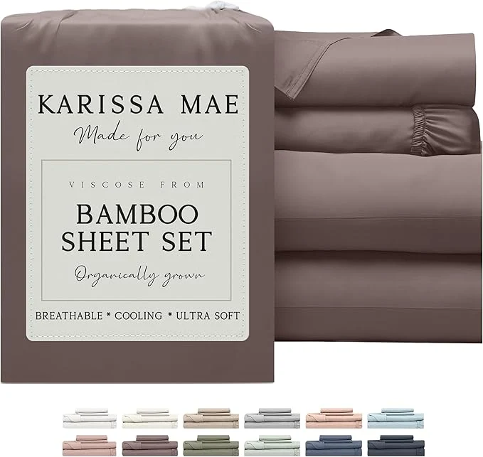 Modern KARISSA MAE Cooling Bamboo Viscose Cal King Sheet Set FSC 18 Deep Pocket Silky Soft amp Hypoallergenic with Organizer Band amp Elastic Corner Straps Mocha Convenient