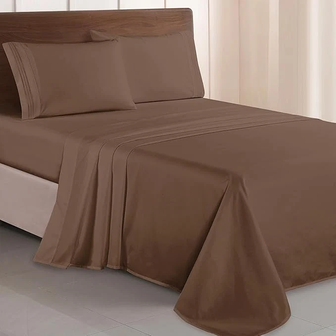 Genuine Elegant Comfort Luxurious 1500 Premium Hotel Quality Microfiber Three Line Embroidered Softest 4-Piece Bed Sheet Set Wrinkle and Fade Resistant Queen Taupe