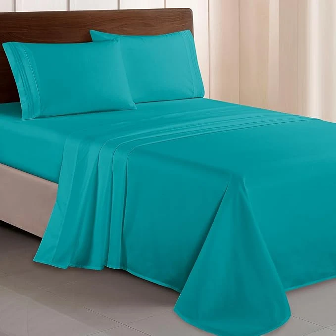 Optimized Elegant Comfort Luxurious 1500 Premium Hotel Quality Microfiber Three Line Embroidered Softest 4-Piece Bed Sheet Set Wrinkle and Fade Resistant Twin Twin XL Turquoise Fine
