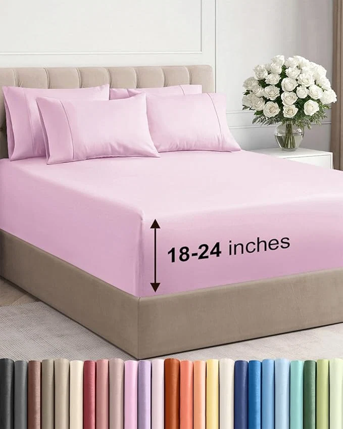 Premium Material Extra Deep Full Sheet Set - 6 Piece Breathable and Cooling Sheets - Hotel Luxury Bedding for Women Men Kids amp Teens - Easy amp Secure Fit - Soft Wrinkle amp Comfy - Extra Deep Pockets - Light Pink Minimalist