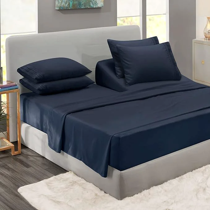 Classic Clara Clark Flex Top King Sheets 6 Piece Set - Hotel Luxury Sheets for Top Split King Bed Super Soft Bedding Set Head Split King Navy Blue Exceptional