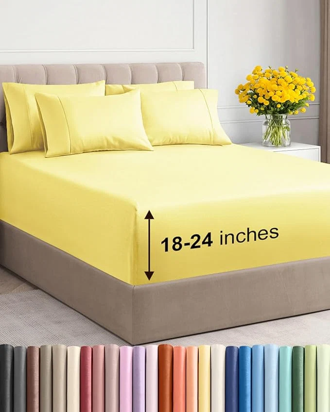 Relaxed Extra Deep Full Sheet Set - 6 Piece Breathable and Cooling Sheets - Hotel Luxury Bedding for Women Men Kids amp Teens - Easy amp Secure Fit - Soft Wrinkle and Comfy - Extra Deep Pockets - Yellow Practical