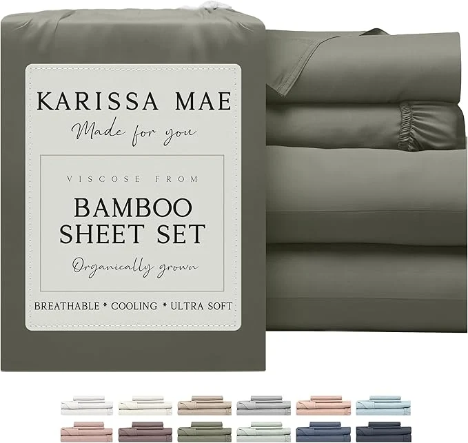 Long-Lasting KARISSA MAE Cooling Bamboo Viscose Queen Sheet Set FSC 18 Deep Pocket Silky Soft amp Hypoallergenic with Organizer Band amp Elastic Corner Straps Cypress Green Reliable
