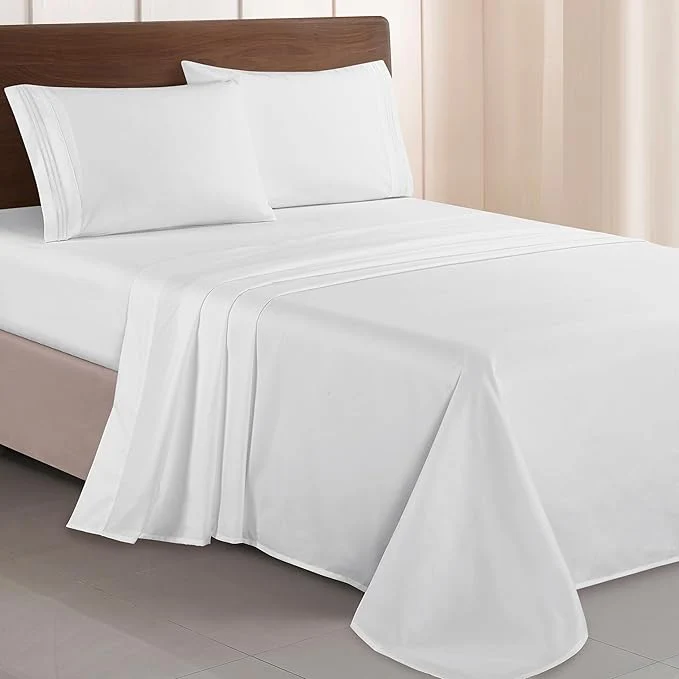 Official Elegant Comfort Luxurious 1500 Premium Hotel Quality Microfiber Three Line Embroidered Softest 4-Piece Bed Sheet Set Wrinkle and Fade Resistant King White Specialty