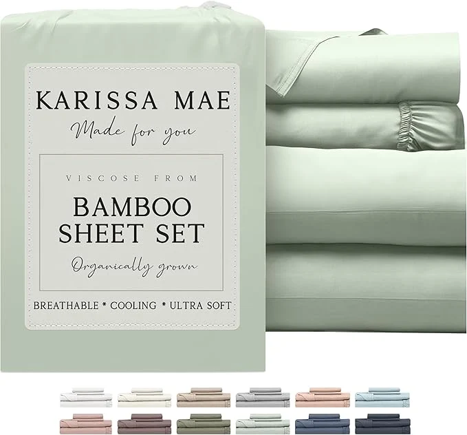 Solid KARISSA MAE Cooling Bamboo Viscose Cal King Sheet Set FSC 18 Deep Pocket Silky Soft amp Hypoallergenic with Organizer Band amp Elastic Corner Straps Sea Glass Safe
