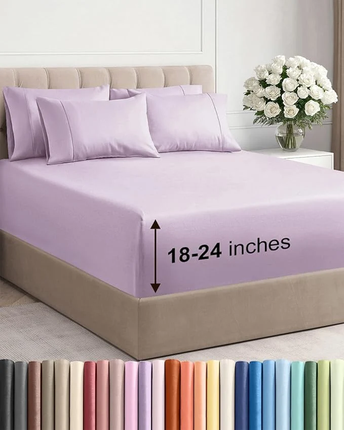 Traditional Extra Deep Cal King Sheet Set - 6 Piece Breathable and Cooling Sheets - Hotel Luxury Bedding for Women Men Kids amp Teens - Easy Secure Fit - Soft amp Wrinkle - Extra Deep Pockets - Light Lavender Contemporary