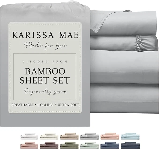 Classic KARISSA MAE Cooling Bamboo Viscose King Size Sheet Set FSC 18 Deep Pocket Silky Soft amp Hypoallergenic with Organizer Band amp Elastic Corner Straps Grey Mist Authentic