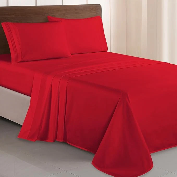 Outstanding Elegant Comfort Luxurious 1500 Premium Hotel Quality Microfiber Three Line Embroidered Softest 4-Piece Bed Sheet Set Wrinkle and Fade Resistant King Red Optimized