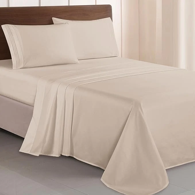 Lightweight Elegant Comfort Luxurious 1500 Premium Hotel Quality Microfiber Three Line Embroidered Softest 4-Piece Bed Sheet Set Wrinkle and Fade Resistant King Cream Healthy