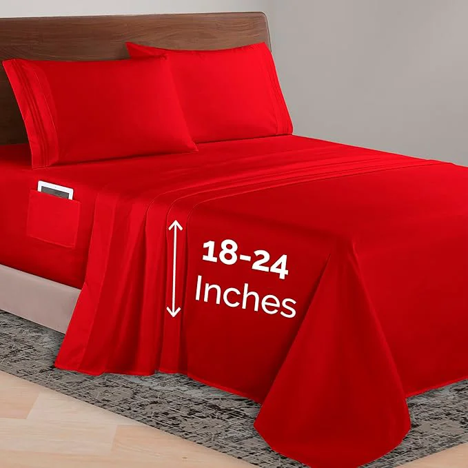 Breathable Elegant Comfort Luxurious 1500 Premium Hotel Quality Microfiber 4-Piece Sheet Set 18-24 Inches Deep - Extra Deep Pocket Sheets - Ultra Soft 4PC Deep Pocket Sheets Queen Red High-Performance