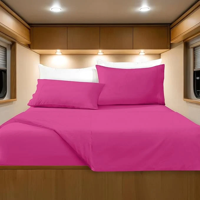Fast Elegant Comfort Luxurious 1500 Premium Hotel Quality Microfiber Three Line Embroidered Softest 4-Piece Bed Sheet Set Wrinkle and Fade Resistant RV Short Queen Pink Expertly Made