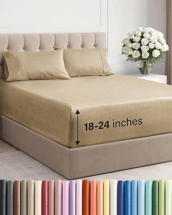 Fine Extra Deep Twin Sheet Set - 4 Piece Breathable and Cooling Sheets - Hotel Luxury Bedding for Women Men Kids amp Teens - Easy amp Secure Fit - Soft and Wrinkle - Extra Deep Pockets - Heathered Tan Certified