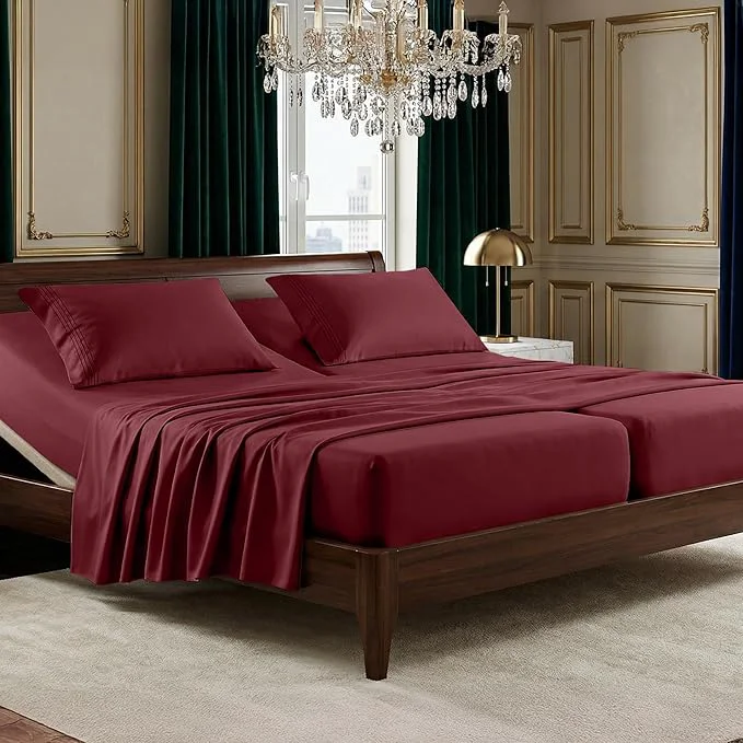 Enhanced Elegant Comfort Luxurious 1500 Premium Hotel Quality Microfiber Three Line Embroidered Softest 5-Piece Bed Sheet Set Wrinkle and Fade Resistant Split King Burgundy Contemporary