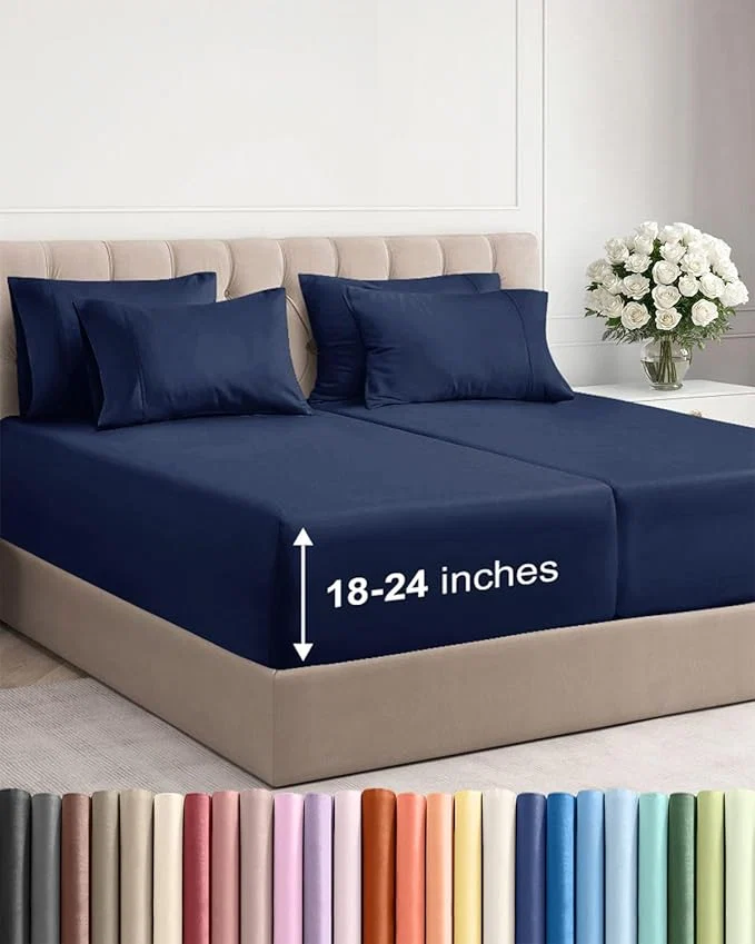 Exceptional Extra Deep Split King Sheet Set - 7 Piece Breathable and Cooling Sheets - Hotel Luxury Bedding for Women Men Kids amp Teens - Easy Secure Fit - Soft and Wrinkle - Extra Deep Pockets - Navy Blue Outstanding
