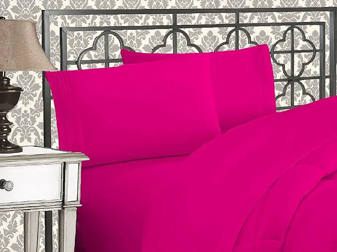 Superior Elegant Comfort Luxurious 1500 Premium Hotel Quality Microfiber Three Line Embroidered Softest 4-Piece Bed Sheet Set Wrinkle and Fade Resistant California King Hot Pink Traditional