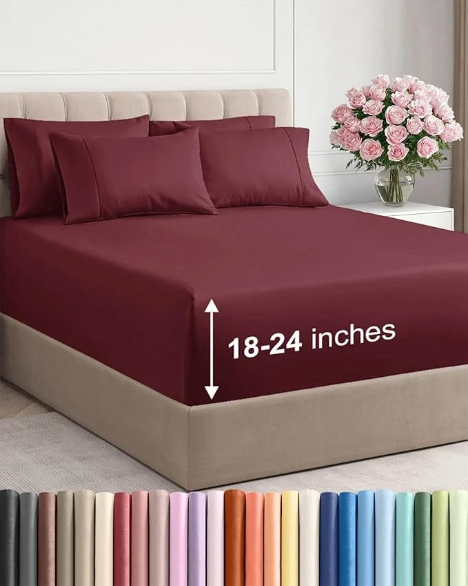 Functional Extra Deep King Sheet Set - 6 Piece Breathable and Cooling Sheets - Hotel Luxury Bedding for Women Men Kids amp Teens - Easy amp Secure Fit - Soft Wrinkle and Comfy - Extra Deep Pockets - Burgundy Reusable