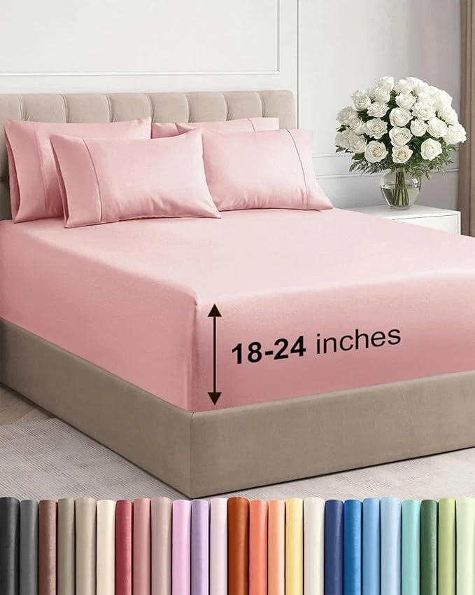 Easy-to-Use Extra Deep Full Sheet Set - 6 Piece Breathable and Cooling Sheets - Hotel Luxury Bedding for Women Men Kids amp Teens - Easy Secure Fit - Soft Wrinkle and Comfy - Extra Deep Pockets - Baby Pink Organic