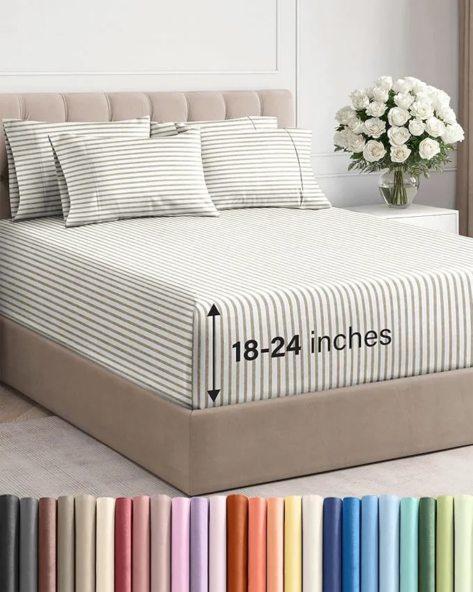 World-Class Extra Deep King Sheet Set - 6 Piece Breathable and Cooling Sheets - Hotel Luxury Bedding for Women Men Kids amp Teens - Easy Secure Fit - Soft and Wrinkle with Extra Deep Pockets - Beige Stripes