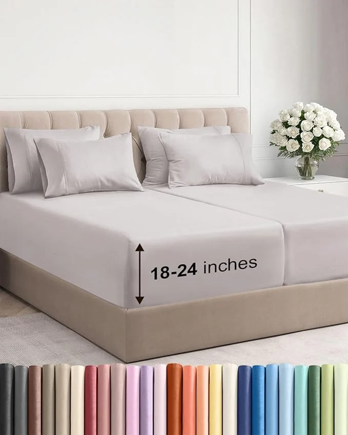 Selected Extra Deep Split King Sheet Set - 7 Piece Breathable and Cooling Sheets - Hotel Luxury Bedding for Women Men Kids amp Teens - Easy Secure Fit - Soft amp Wrinkle - Extra Deep Pockets - Light Grey Comfortable